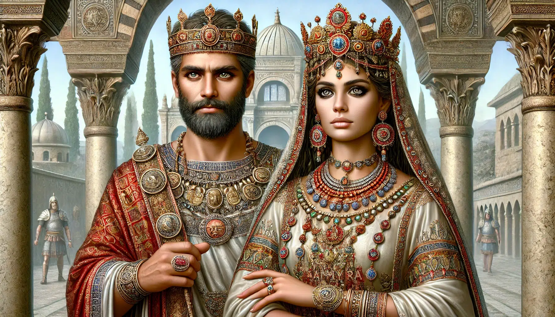 King Odaenathus, the ruler of Palmyra, alongside Queen Zenobia. The scene should depict them in regal attire, reflecting their status as rulers of Palmyra. King Odaenathus is depicted with a commanding presence, wearing a royal robe adorned with intricate patterns, a crown, and carrying a scepter. He has a strong, dignified appearance with a noble expression. Queen Zenobia stands beside him, dressed in her richly adorned robe or tunic with intricate patterns, influenced by Roman and Eastern styles, along with a royal diadem or crown, and a cloak that signifies her status