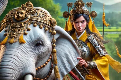 Lady Triệu on her white war elephant. She wears a distinctive yellow robe and traditional 3rd century Vietnamese warrior attire with ornate armour. Her expression is fierce and determined. The white elephant, adorned with traditional decorations, stands majestically. The background features a glimpse of the lush, green Vietnamese landscape, emphasizing her connection to her homeland