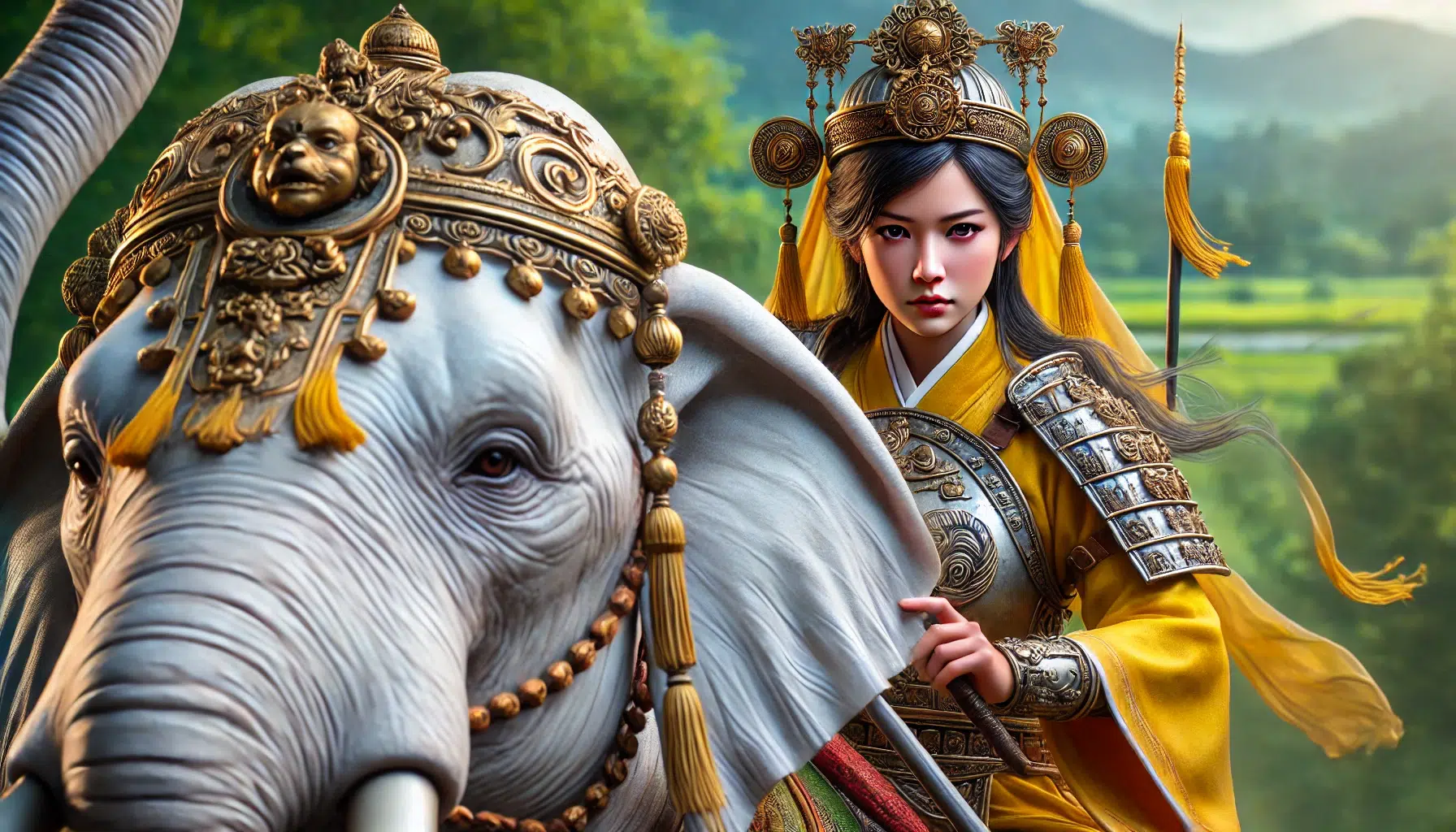 Lady Triệu on her white war elephant. She wears a distinctive yellow robe and traditional 3rd century Vietnamese warrior attire with ornate armour. Her expression is fierce and determined. The white elephant, adorned with traditional decorations, stands majestically. The background features a glimpse of the lush, green Vietnamese landscape, emphasizing her connection to her homeland