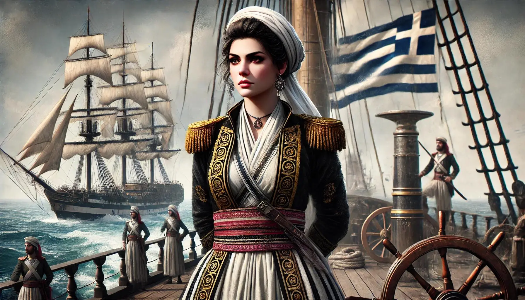 Laskarina Bouboulina, the naval commander in the Greek War of Independence against the Ottoman Empire, as a fierce and determined leader, wearing traditional Greek attire with elements of naval uniform. She should have a confident and resolute expression, standing on the deck of a ship with the Greek flag flying in the background. The scene should include elements of the 19th-century naval warfare, with ships and the sea visible, evoking a sense of historical and cultural significance. The image should capture her bravery and leadership, presented in a realistic and lifelike style.