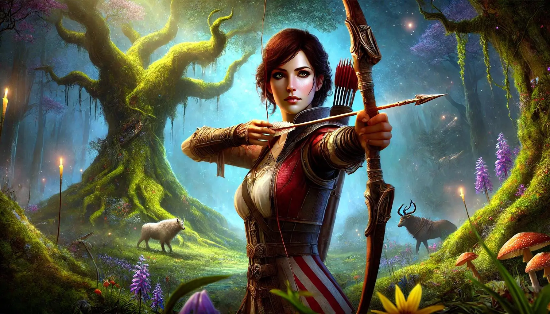 A fantasy depiction of Leliana from Dragon Age: Origins. She stands in a lush, enchanted forest with vibrant, magical flora and ancient trees. Leliana, in her iconic bard outfit, holds a finely crafted bow with an arrow ready. Her expression is determined and focused as she prepares to release the arrow. The background features mystical lights and shadows, highlighting the magical atmosphere of the forest