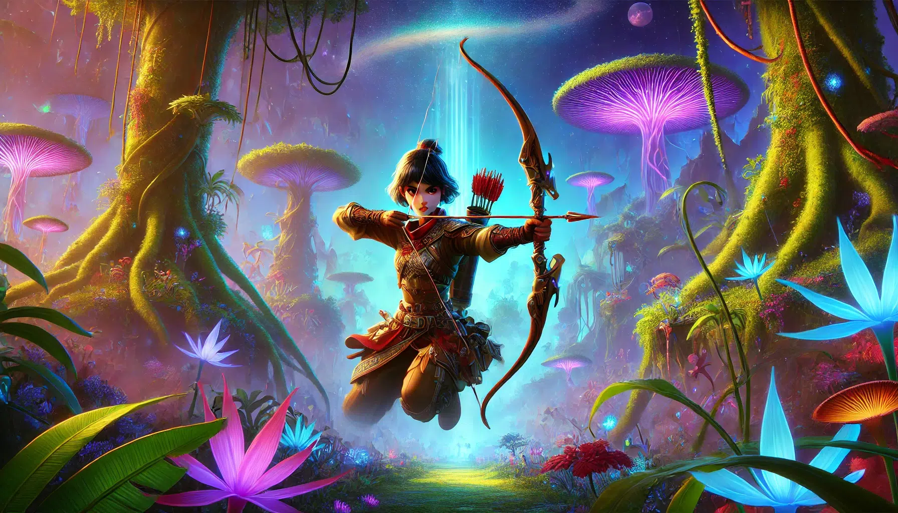A fantasy depiction of Lilika from Rogue Galaxy. She stands in a vibrant, alien jungle with towering, bioluminescent plants and exotic wildlife. Lilika, in her warrior outfit, holds a powerful bow with an arrow ready. Her expression is fierce and determined as she aims at an unseen target. The background features glowing flora and an ethereal light, highlighting the exotic and adventurous atmosphere