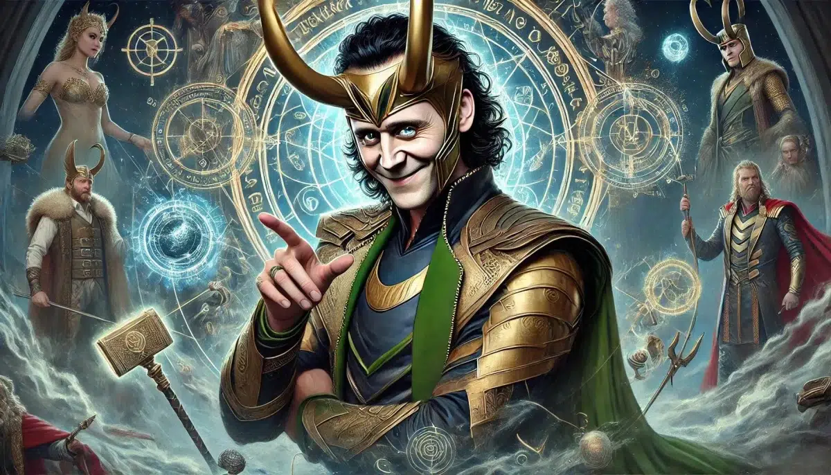 A detailed and realistic depiction of Loki, the trickster god in Norse mythology. Loki is shown in a cunning and mischievous pose, with a sly smile on his face. He is surrounded by an aura of magic, hinting at his shape-shifting abilities. The background includes elements of both gods and mortals, indicating the trouble he causes for both. Loki's attire is intricate, with symbols of his cleverness and deceit