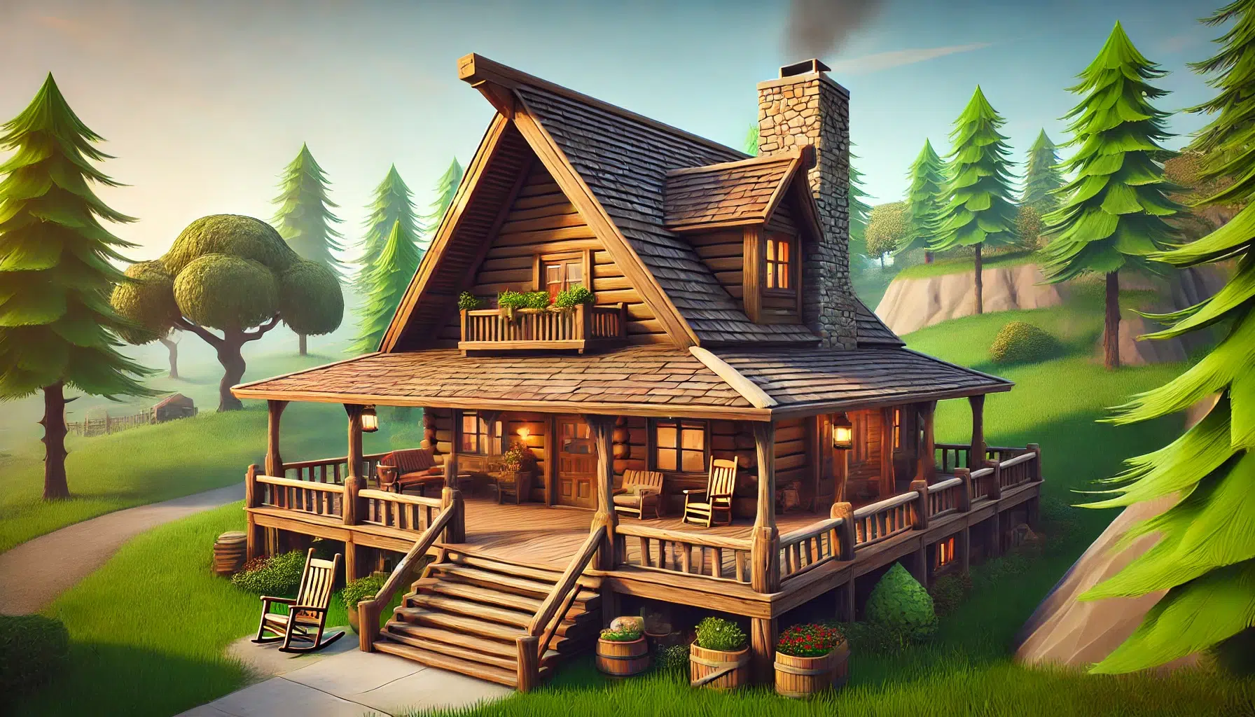 Lovely Lodge in Fortnite is a picturesque and charming location, designed to evoke a sense of warmth and coziness. Lovely Lodge is a quaint and inviting structure nestled within a serene, wooded area. The lodge is constructed primarily from rustic wooden logs, giving it a classic cabin-in-the-woods aesthetic. The exterior is adorned with large windows that allow natural light to flood the interior, creating a bright and welcoming atmosphere. The roof of Lovely Lodge is steeply pitched and covered with dark, weathered shingles, adding to its rustic charm. A stone chimney rises from one side of the roof, often emitting a gentle plume of smoke, suggesting a roaring fire within. The entrance to the lodge features a wide, wooden porch with a few steps leading up to it. The porch is decorated with potted plants and comfortable wooden rocking chairs, inviting visitors to sit and enjoy the tranquil surroundings. Hanging lanterns provide a warm, ambient glow in the evenings. Inside, Lovely Lodge is equally cozy and inviting. The main room features a large, stone fireplace that serves as the focal point, with a roaring fire that adds warmth and comfort.
