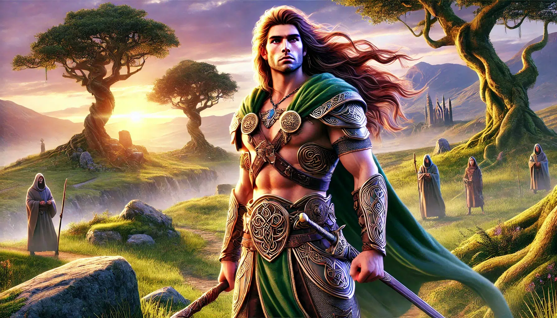 Lugh, the Celtic hero. Lugh stands in a majestic landscape with rolling hills and ancient trees. He has a strong, athletic build, long flowing hair, and piercing eyes. Lugh wears ornate Celtic armour adorned with intricate designs and carries a spear and a shield. The background shows a mystical atmosphere with a vibrant sunset, highlighting his heroic presence