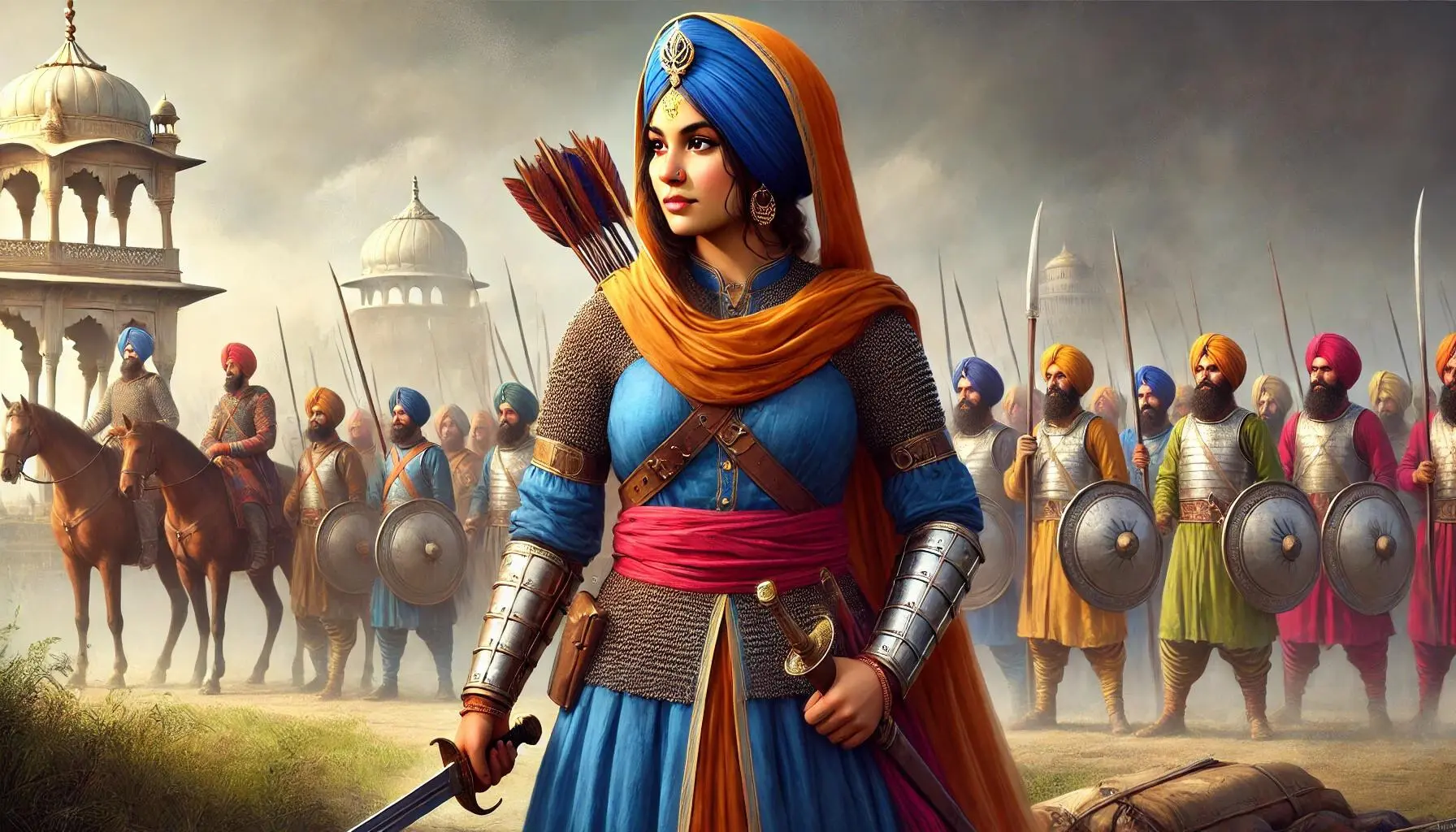 Mai Bhago, a Sikh warrior woman from 1705, standing confidently in traditional Sikh warrior attire. She wears a turban, a long tunic (chola), and protective arm and leg guards. She holds a sword and shield, ready for battle. The background features a battlefield with Sikh soldiers and Mughal forces, reflecting her leadership and bravery in combat. The image should be realistic and lifelike, capturing the historical and cultural authenticity of 18th-century India.