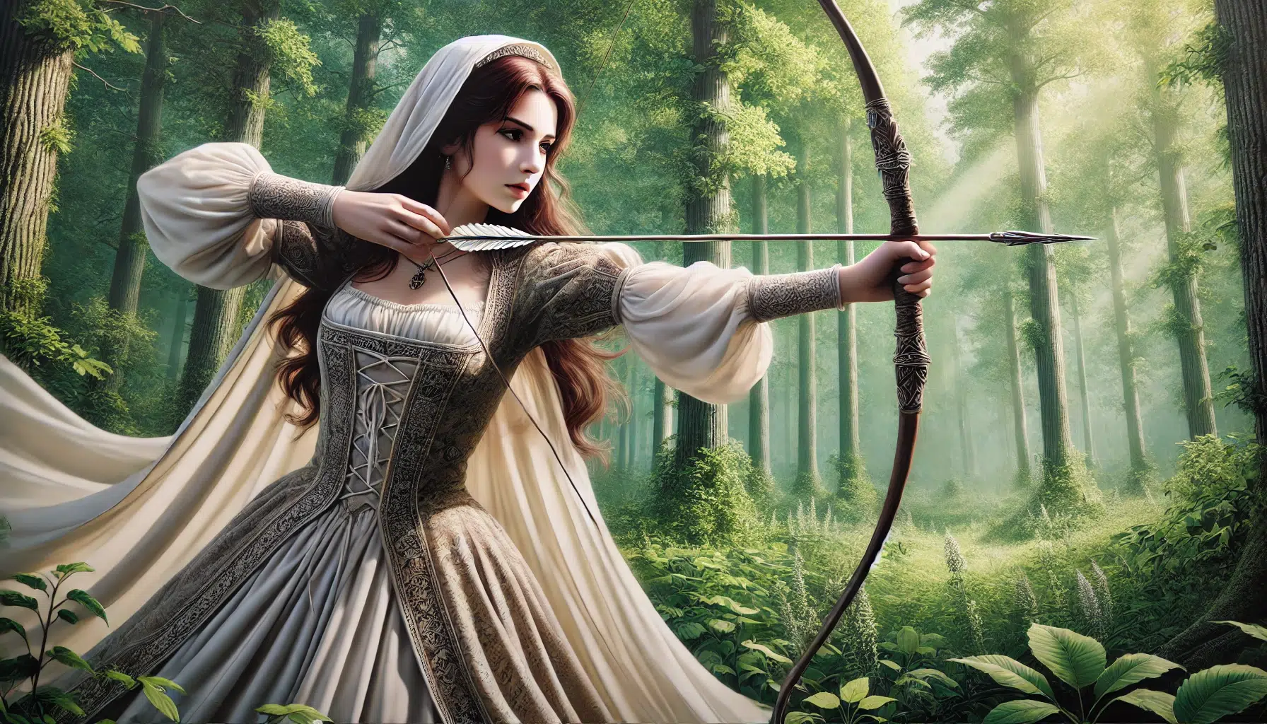 illustration of Maid Marian using a bow and arrow. She stands in a lush, green forest, dressed in a flowing medieval gown with intricate patterns. Her hair is long and flowing. Maid Marian is in a focused stance, drawing a bow with an arrow aimed at a distant target. The background features tall trees and sunlight filtering through the leaves, creating a serene and adventurous atmosphere. Maid Marian appears as a graceful and strong figure, embodying both beauty and skill.