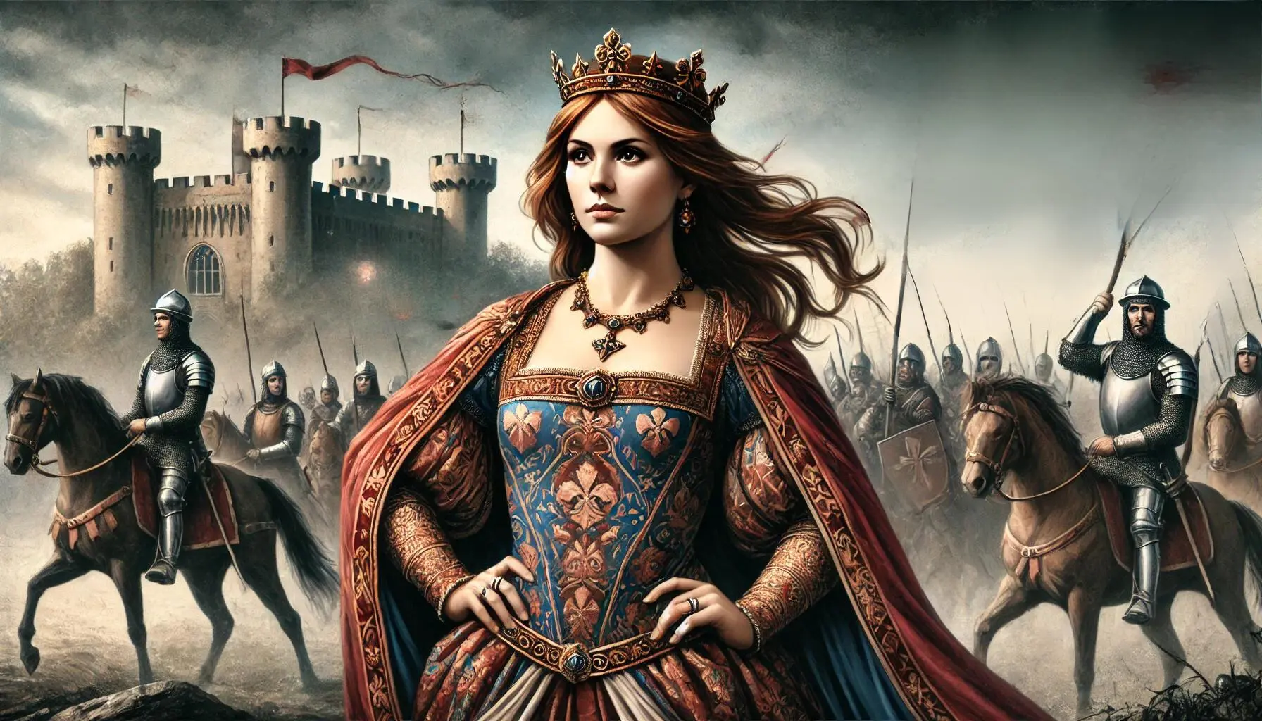 Margaret of Anjou, a regal woman in medieval royal attire, standing confidently on a battlefield. She wears a crown and a rich, flowing gown, with a determined expression. The scene includes soldiers in the background, banners flying, and a castle on the horizon. The atmosphere is intense, depicting her leadership during the Wars of the Roses.