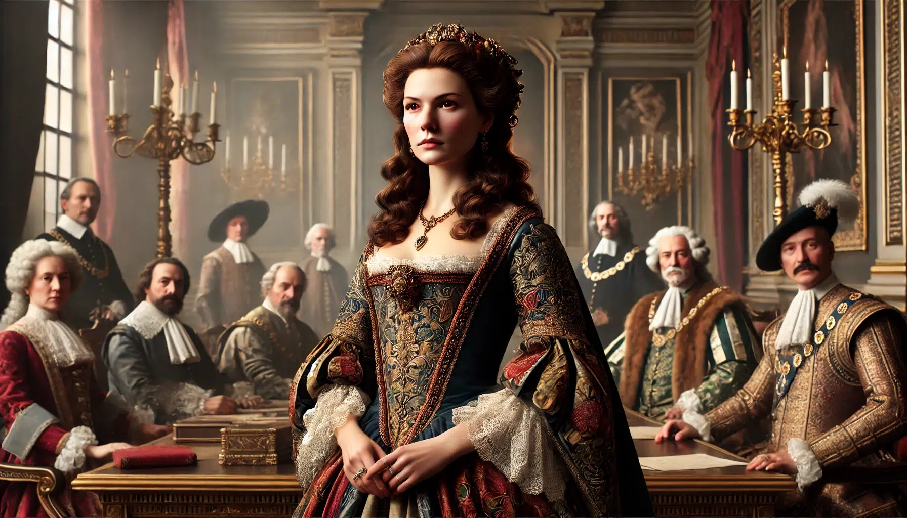 Marie de' Medici acting as a powerful regent and mediator in France. Depict her in opulent 17th-century attire, with rich fabrics and detailed accessories befitting her status. Show her in a grand, elegant room typical of a French palace, with ornate furnishings and decorations. She stands with a commanding presence, surrounded by advisors and courtiers, reflecting her role as a leader and mediator. Her expression should convey wisdom and authority.