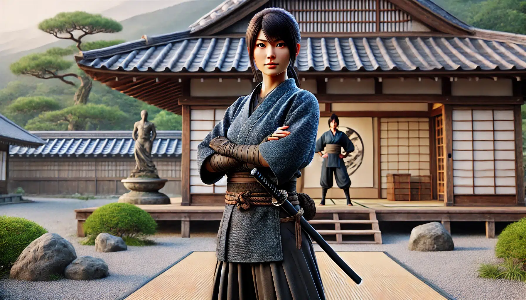 Mochizuki Chiyome, a legendary Japanese female ninja, standing confidently in a traditional ninja outfit. She has a determined expression, with a backdrop featuring a serene Japanese garden and a traditional wooden dojo. Her stance is ready and poised, reflecting her expertise in ninjutsu and her leadership in training other female ninjas. The image should be realistic and lifelike, capturing the historical and cultural authenticity of 16th-century Japan.