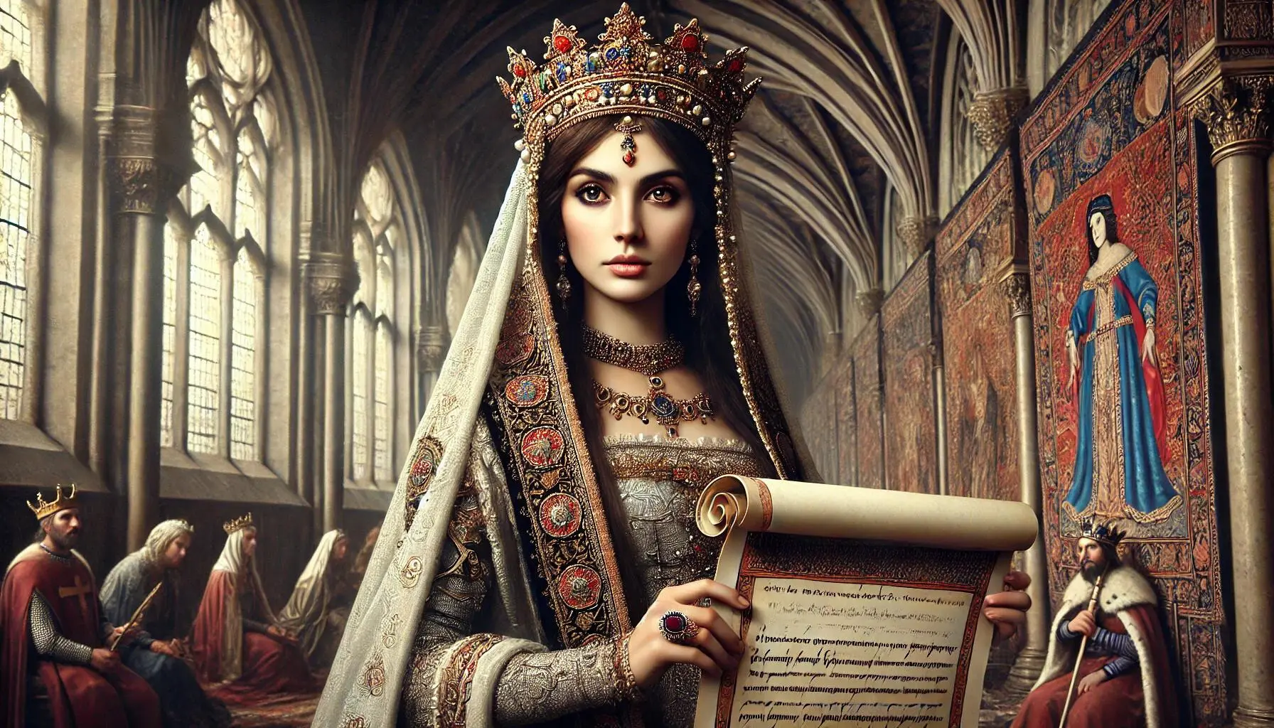 Geoffrey Chaucer’s “The Monk’s Tale” praising Queen Zenobia as a noble and valiant queen. Depict her with olive skin and long dark hair, wearing a flowing gown and an elaborate regal headdress adorned with jewels and pearls. Show her in a grand medieval hall with tapestries and gothic architecture, holding a scroll that represents the tale. Her expression should be noble and dignified, embodying the valiant spirit described in Chaucer’s tale.