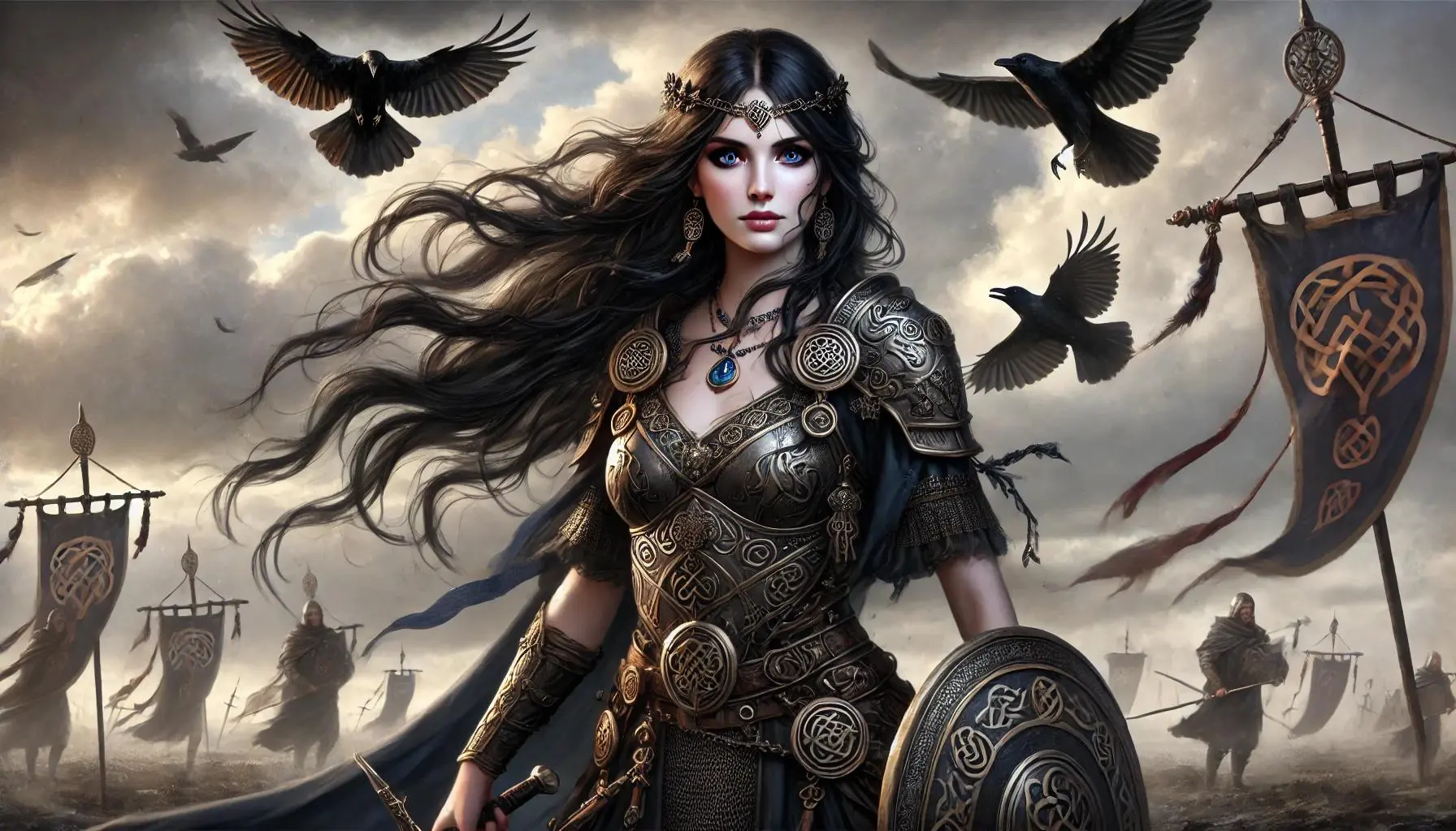 Morrigan, the Goddess of War and Fate, in a battlefield. She has long dark hair flowing in the wind, striking blue eyes with visible pupils, and wears ornate and modest armour adorned with Celtic symbols. Her armour includes a chest plate, arm guards, and a flowing cloak. Ravens or crows fly around her, symbolizing her connection to war and prophecy. The background shows a dramatic sky with dark clouds, adding to the ominous atmosphere