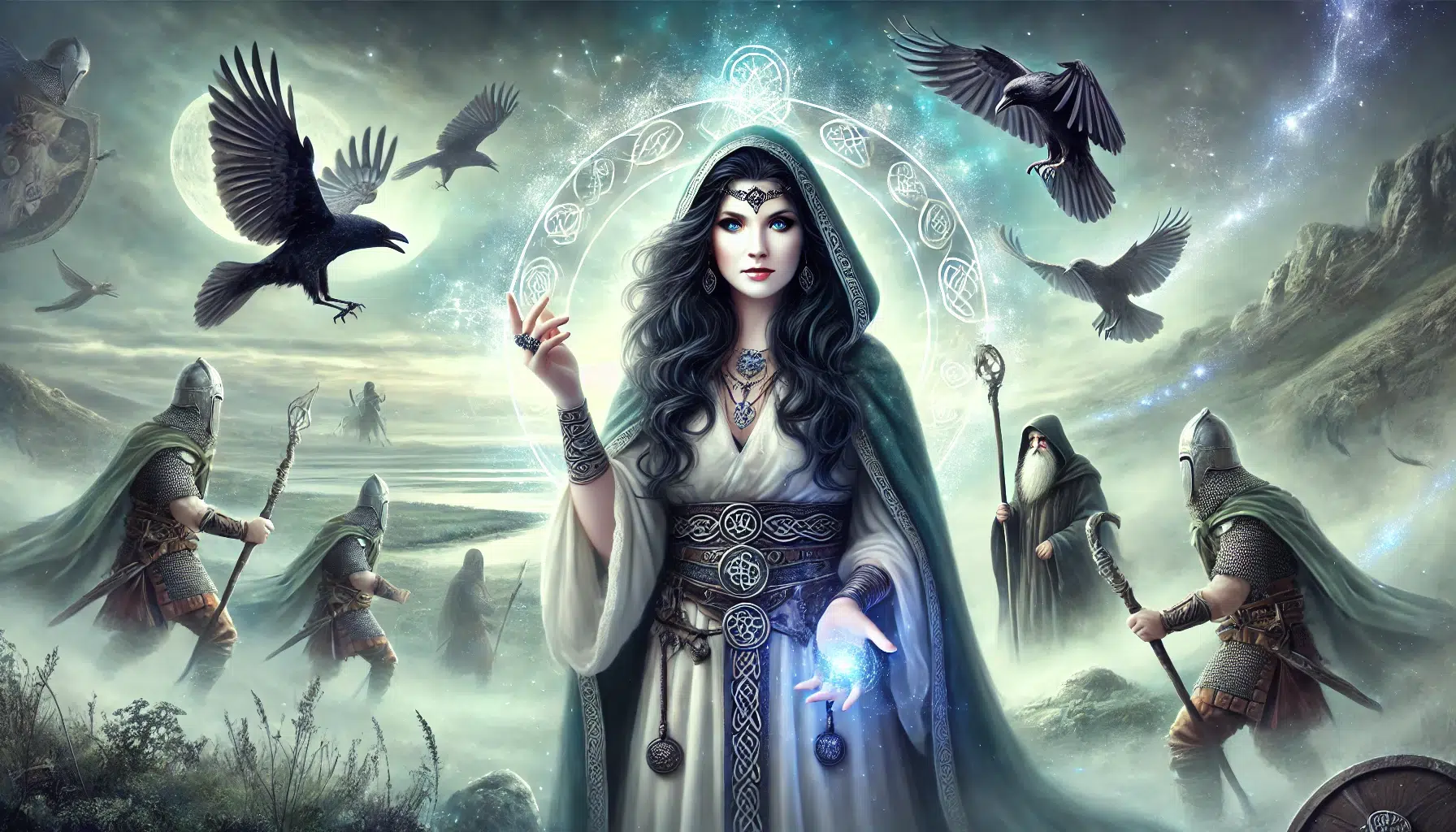 Morrigan as the Guardian of the Dead. Morrigan stands in a mystical, ethereal landscape, surrounded by the souls of deceased warriors. She has long dark hair, blue eyes, and wears a flowing cloak with Celtic symbols. In one hand, she holds a staff, and with the other, she gently guides a soul. Ravens or crows fly around her, symbolizing her connection to death and the afterlife