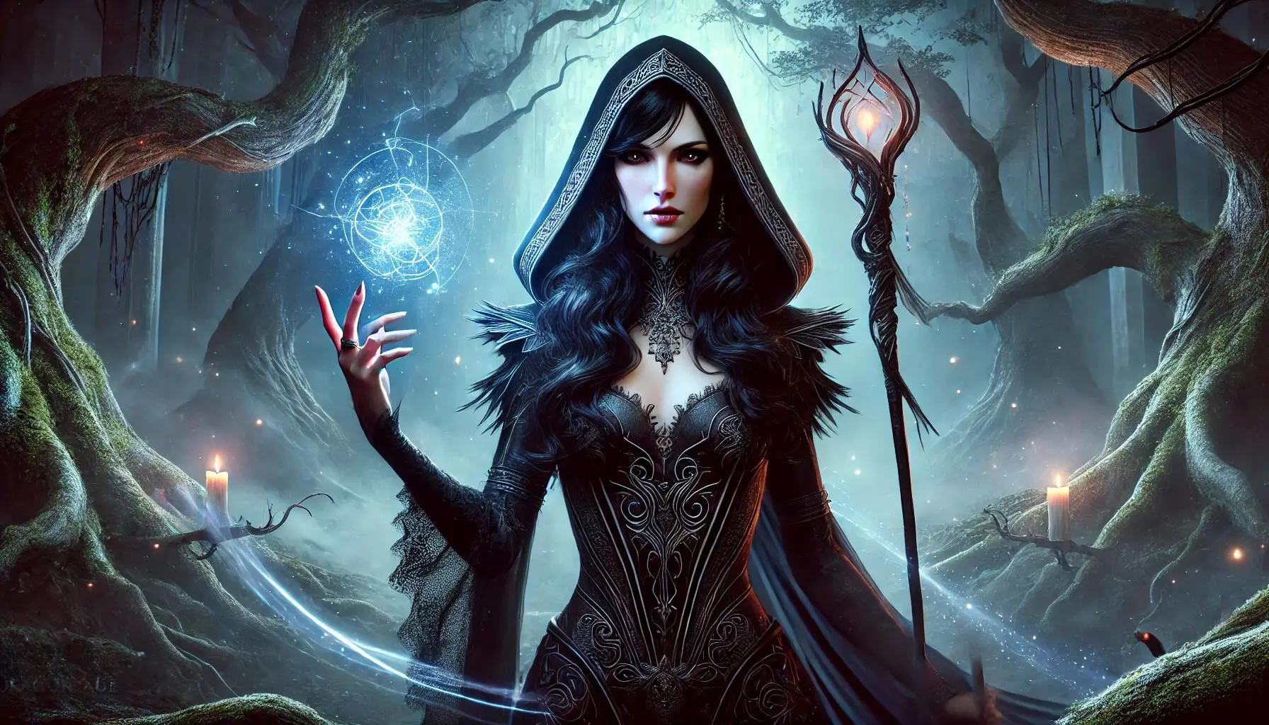 fantasy image of Morrigan from the video game series Dragon Age, inspired by the goddess Morrigan. She stands in a dark, mystical forest with ancient trees and a faint magical glow. Morrigan has long black hair, piercing eyes, and wears a dark, intricately designed outfit with a high collar and flowing cape. She holds a staff glowing with magical energy, and an aura of power surrounds her