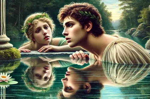 Narcissus, a beautiful youth, falling in love with his own reflection in a pool of water, leading to his demise. Show Narcissus gazing intently at his reflection with a look of longing and obsession. Nearby, Echo, a nymph who loved him, is depicted with a sorrowful expression, fading away until only her voice remains. The background should feature a serene, natural setting with lush greenery and a tranquil pool. The atmosphere should convey a sense of tragic beauty and unrequited love.