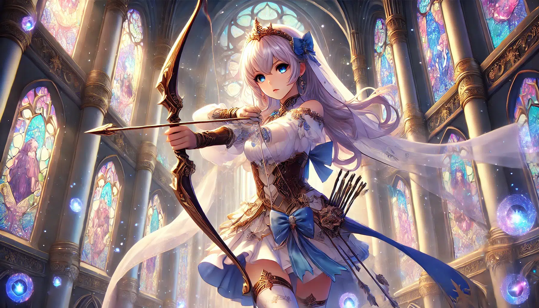 A fantasy depiction of Natalia Luzu Kimlasca-Lanvaldear from Tales of the Abyss. She stands in a grand, mystical castle with tall, stained-glass windows and ornate pillars. Natalia, in her royal archer outfit, holds a beautifully crafted bow with an arrow ready. Her expression is determined and focused as she aims at a distant target. The background features magical glowing elements and an ethereal light, highlighting the blend of royalty and fantasy