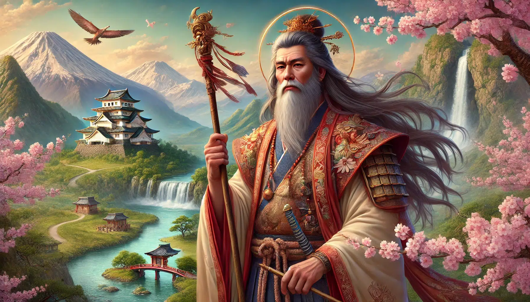 Okuninushi, the Japanese deity of nation-building and medicine. Okuninushi is portrayed as a wise and noble figure with long, flowing hair and traditional Japanese robes. He holds a staff, symbolizing his leadership and healing powers. The background features a serene landscape with mountains, rivers, and a traditional shrine, emphasizing his connection to nature and his role as a protector of the land. Cherry blossoms are in bloom, adding to the tranquil and majestic atmosphere.