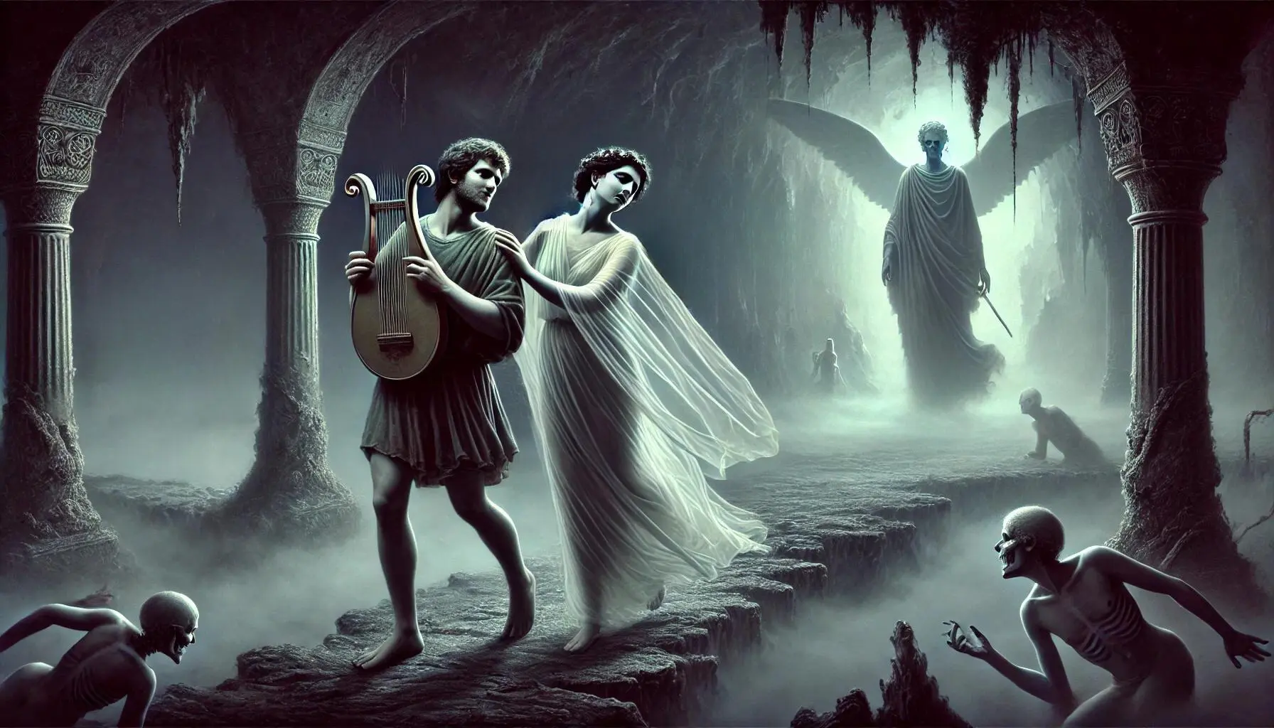 Orpheus and Eurydice in the underworld. Orpheus, a gifted musician, holds his lyre as he leads Eurydice through the dark, eerie passages of the underworld. Orpheus turns his head slightly to check on his wife, who is starting to float in the air and fade away behind him. Eurydice looks ethereal and beautiful, her form becoming transparent. The background shows the dark, misty, and shadowy atmosphere of the underworld