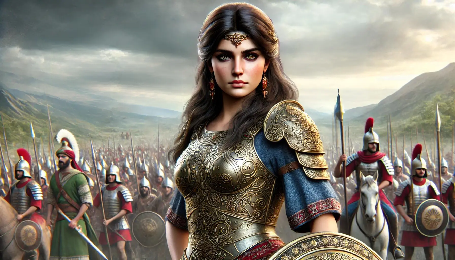 Pantea Arteshbod, a legendary Persian warrior, standing confidently in ancient Persian armor. She has a fierce and determined expression. The background features a battlefield with Persian soldiers and banners, reflecting her leadership and bravery in combat. The image should be realistic and lifelike, capturing the historical and cultural authenticity of ancient Persia.