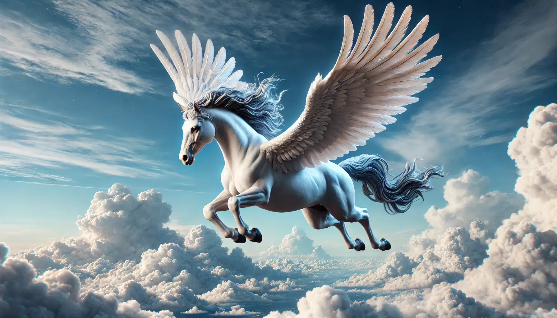 Pegasus the white winged horse flying in the sky
