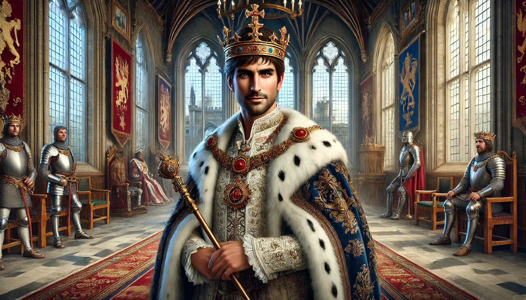 illustration of Prince John, the younger brother of King Richard the Lionheart. Prince John is dressed in regal attire with a luxurious robe, a jeweled crown, and an ornate scepter. He stands in a grand medieval hall with tall, arched windows and banners hanging from the walls. His expression is cunning and authoritative, highlighting his ambitious nature. The background features rich decorations, suits of armor, and a glimpse of the castle courtyard through the windows, emphasizing the royal setting.