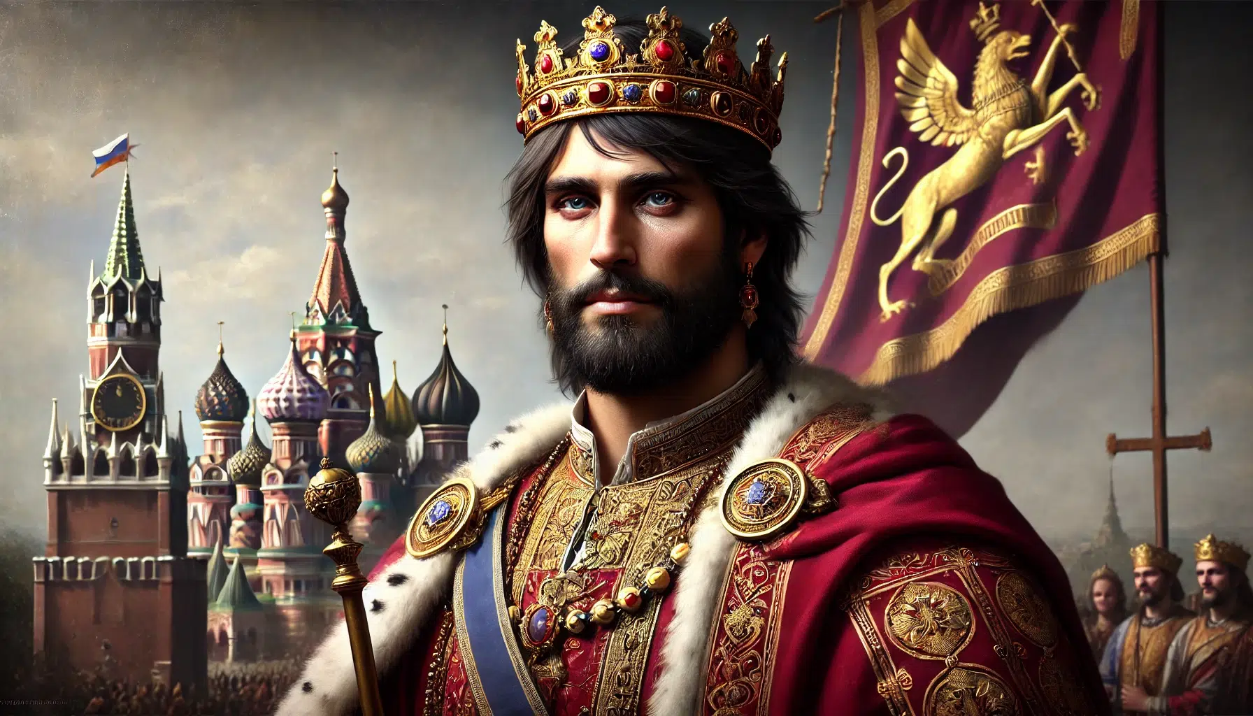 Prince Yaroslav the Wise, Grand Prince of Kiev from 1019 to 1054. He is depicted as a dignified and wise ruler, with a tall and sturdy build. He has a noble face with a strong jawline, a prominent nose, and piercing eyes. His hair is dark and shoulder-length, and he sports a well-groomed beard. Yaroslav wears a princely crown adorned with jewels and elegant crimson robes with intricate gold embroidery. He holds a sceptre in one hand and a scroll representing the 'Ruskaia Pravda' (Russian Justice) in the other. Behind him is a war banner, symbolizing his military prowess, and the majestic Saint Sophia Cathedral, which he commissioned, is visible in the background