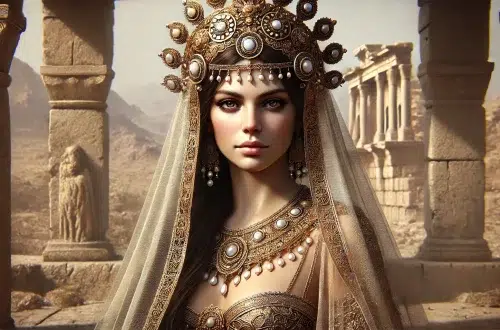 Queen Zenobia, the ancient ruler of the Palmyrene Empire, with olive skin and long dark hair. She should be wearing modest royal attire with a flowing gown that covers her fully. Her headdress should be elaborate and regal, featuring a substantial gold diadem or crown adorned with jewels and intricate designs, reminiscent of Hellenistic and Eastern styles. Incorporate jewels and pearls into the headdress to add opulence. Include a delicate veil or drape that flows from the headdress, adding a sense of mystery and elegance