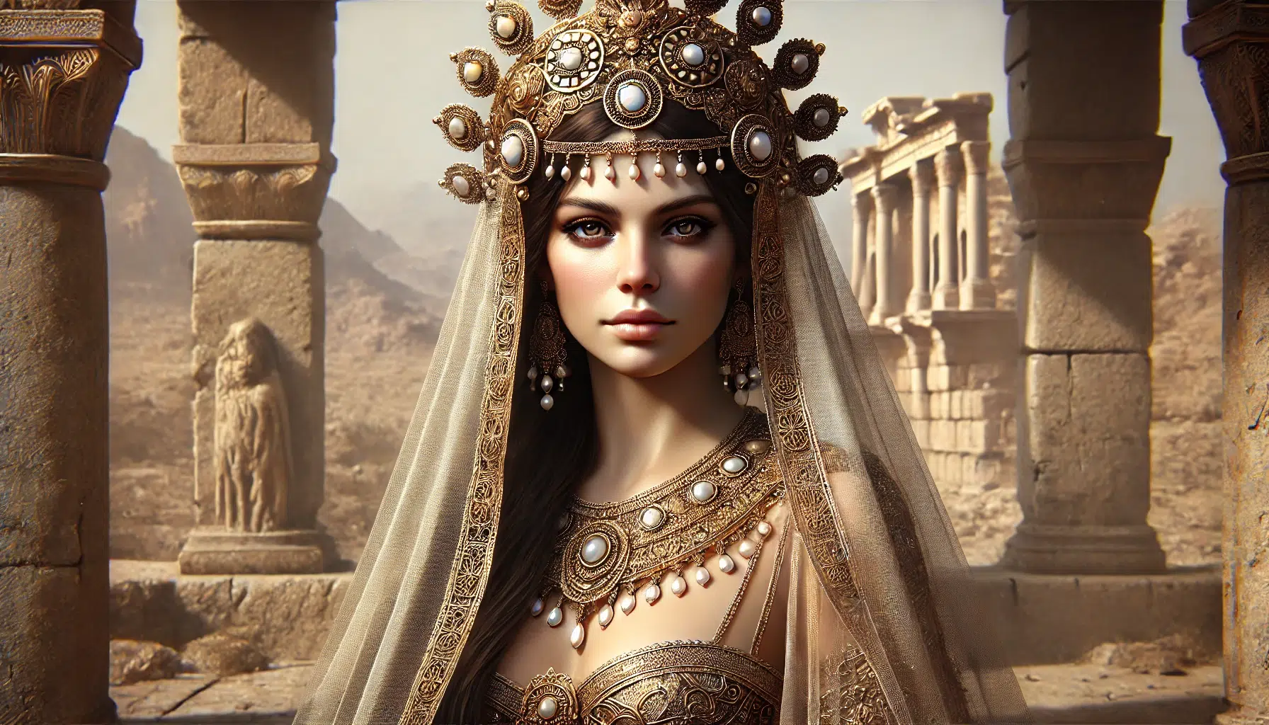 Queen Zenobia, the ancient ruler of the Palmyrene Empire, with olive skin and long dark hair. She should be wearing modest royal attire with a flowing gown that covers her fully. Her headdress should be elaborate and regal, featuring a substantial gold diadem or crown adorned with jewels and intricate designs, reminiscent of Hellenistic and Eastern styles. Incorporate jewels and pearls into the headdress to add opulence. Include a delicate veil or drape that flows from the headdress, adding a sense of mystery and elegance