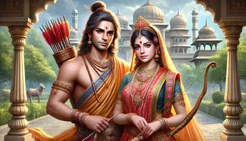 Rama and his wife, Sita, from Hindu mythology. Rama is depicted as a noble and strong figure with a serene and kind expression. He is dressed in traditional royal attire, holding a bow. Sita is beside him, radiating grace and beauty with a gentle and loving expression. She wears a rich and colourful sari, adorned with intricate jewelry. The background shows a palace setting with lush gardens and ornate decorations