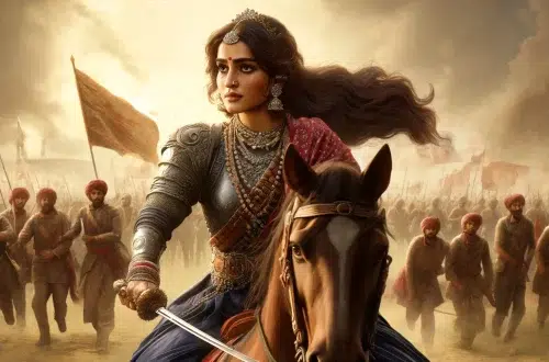 Rani Lakshmibai, the Queen of Jhansi, in a 16:9 aspect ratio. Depict her as a fierce and courageous warrior, wearing traditional Indian attire with armor elements. She should have a confident and determined expression, holding a sword and riding a horse, symbolizing her role in leading the rebellion against British rule in 1857. The background should show a battlefield with elements of 19th-century India, evoking a sense of historical and cultural significance.