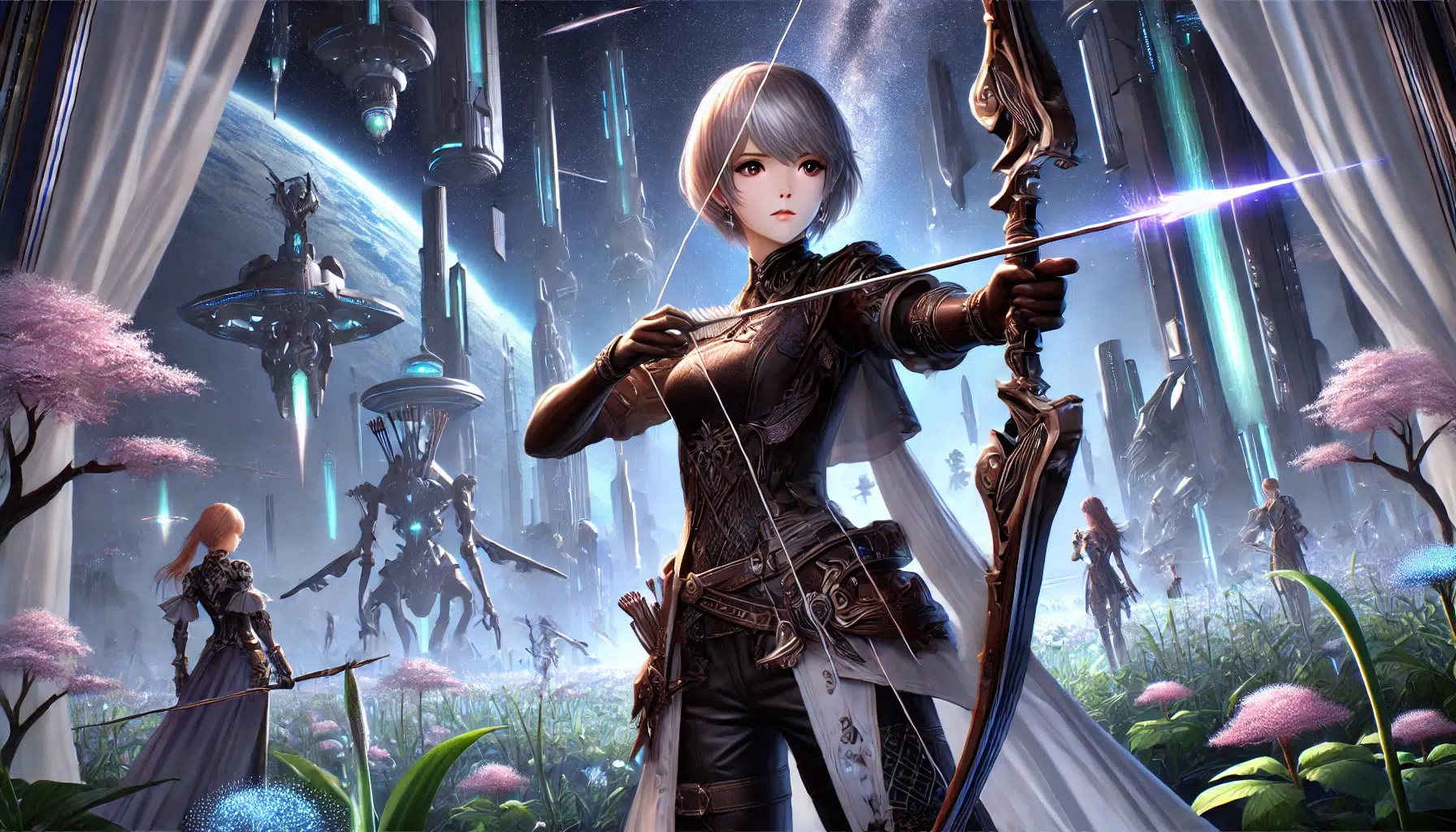 A fantasy depiction of Reimi Saionji from Star Ocean: The Last Hope. She stands in a futuristic alien landscape with glowing plants and towering, otherworldly structures. Reimi, in her elegant combat outfit, holds a sleek bow with an arrow ready. Her expression is determined and focused as she prepares to shoot. The background features distant stars and planets, highlighting the sci-fi fantasy setting