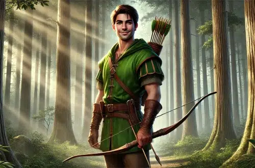 A highly realistic illustration of Robin Hood standing in Sherwood Forest. He wears a green tunic with a hood, a quiver of arrows on his back, and a longbow in his hand. He has a confident smile, and his stance shows readiness and agility. The background features tall trees and dense foliage, with beams of sunlight filtering through. Robin Hood appears as a young, athletic man with short brown hair and a determined look in his eyes.