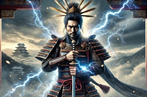 Takemikazuchi, the Japanese thunder god, standing tall amidst a stormy sky filled with thunder and lightning. He wears traditional warrior armour with intricate details, holding a gleaming sword in one hand, with electric sparks surrounding it. His expression is fierce and determined, showing his power and strength. The background includes realistic Japanese elements like mountains and temples