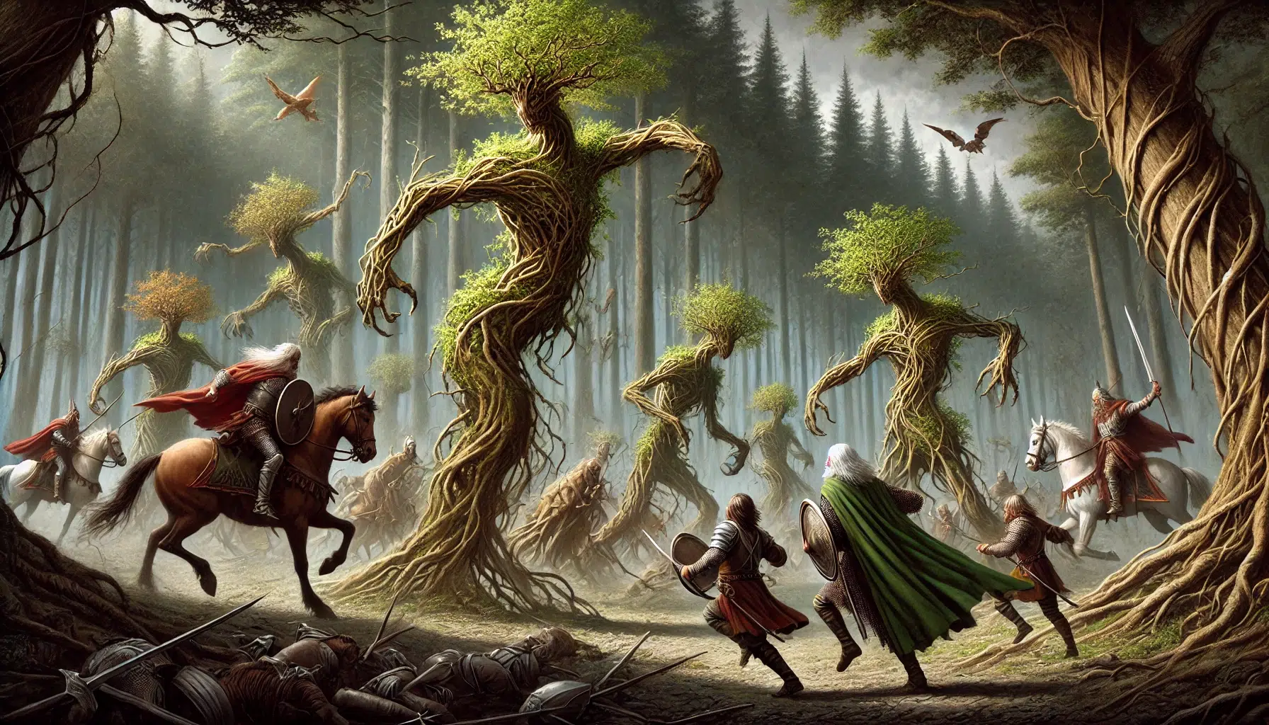 he mythical battle from the poem 'Cad Goddeu' or 'The Battle of the Trees' in the Book of Taliesin, inspired by the style of Lord of the Rings. The scene shows Arawn, ruler of Annwn, leading his forces into battle against Gwynedd. Arawn summons magical creatures to fight. In response, Amaethon's brother Gwydion uses his magic to animate several trees. The trees have come to life with limbs moving like arms and roots like legs,