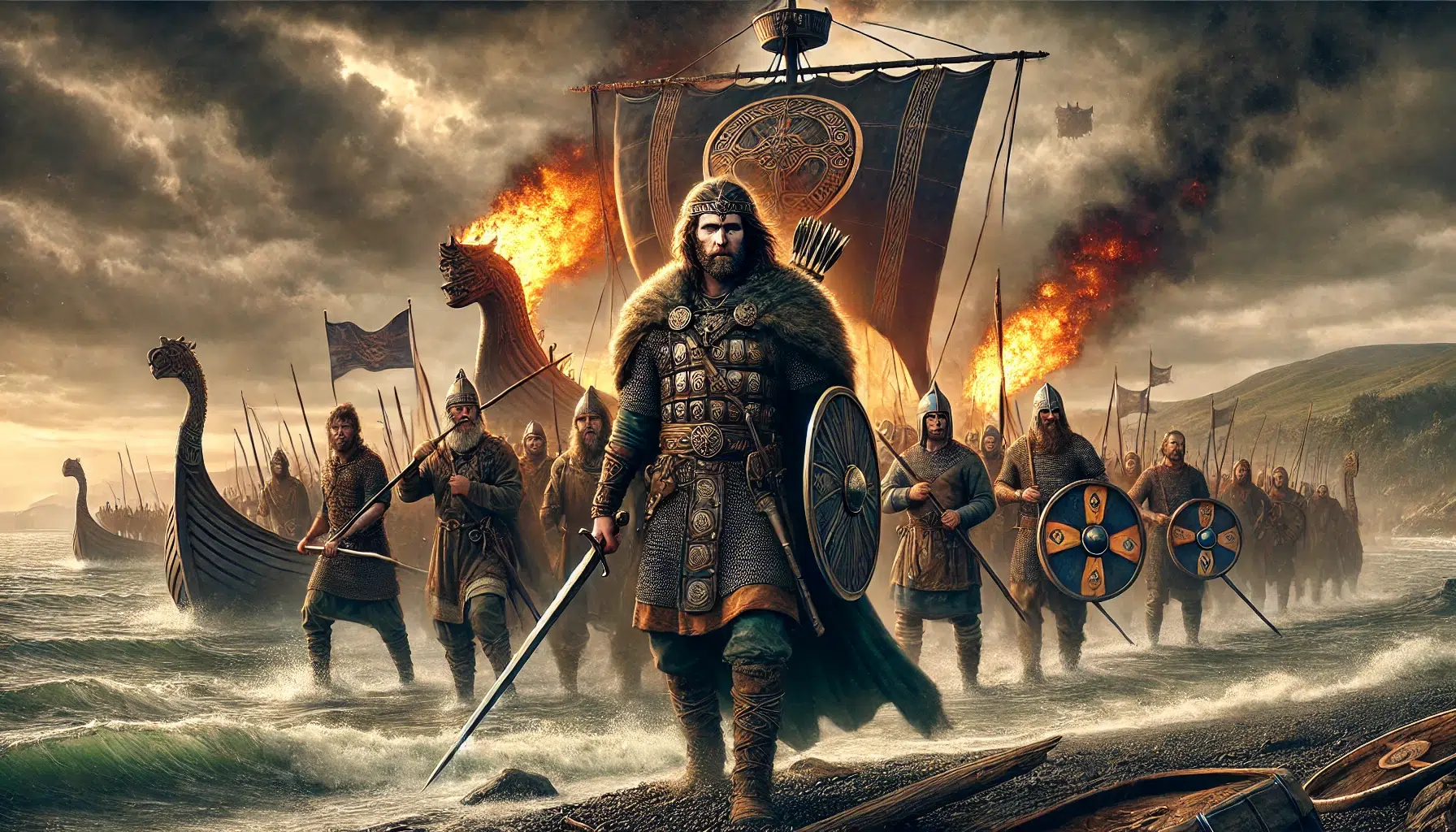 The First Battle of Mag Tuired. The Tuatha Dé Danann, led by their king Nuada, arrive in Ireland from the northern islands. They stand on the shore with burning ships behind them, signifying their intention to stay and conquer the land. Nuada, their king, stands at the forefront with a determined expression, holding a sword. The Tuatha Dé Danann warriors surround him, ready for battle, wearing traditional Celtic armour and wielding weapons. The background shows a dramatic landscape with dark clouds and the burning ships illuminating the scene