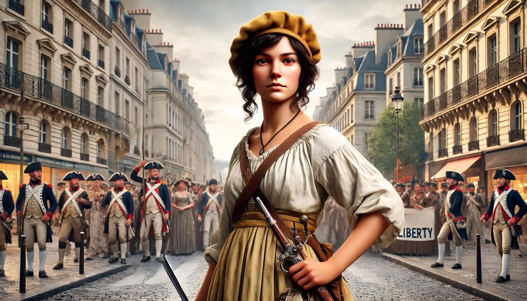 Théroigne de Méricourt, an activist and fighter during the French Revolution, standing confidently with a determined expression. She wears attire typical of the late 18th century, including a simple dress and bonnet. She holds a flag in one hand and a sword in the other, symbolizing her role in the fight for liberty. The background features the streets of Paris during the revolution, with revolutionary crowds and banners