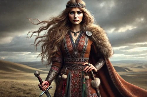 omyris, the formidable queen of the Massagetae, stands tall and resolute, embodying strength and defiance. She wears traditional Scythian attire: a richly adorned tunic with intricate patterns, sturdy leather boots, and a fur-lined cloak that billows in the wind. Her long light brown hair flows freely, crowned with a simple yet elegant circlet. In one hand, she grasps a blood-stained sword, symbolizing her victory over Cyrus the Great.