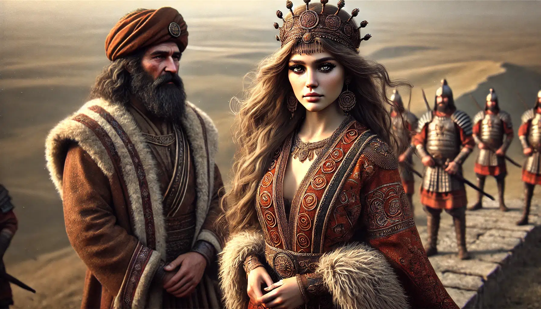 Tomyris, the formidable queen of the Massagetae, meeting Cyrus the Great, who is around 70 years old. She wears traditional Scythian attire: a richly adorned tunic with intricate patterns, sturdy leather boots, and a fur-lined cloak that billows in the wind. Her long light brown hair flows freely, crowned with a simple yet elegant circlet. Her piercing green eyes reflect both sorrow and determination. Cyrus the Great, dressed in ancient Persian royal attire, stands opposite her. The backdrop features the vast, rugged steppes of Central Asia
