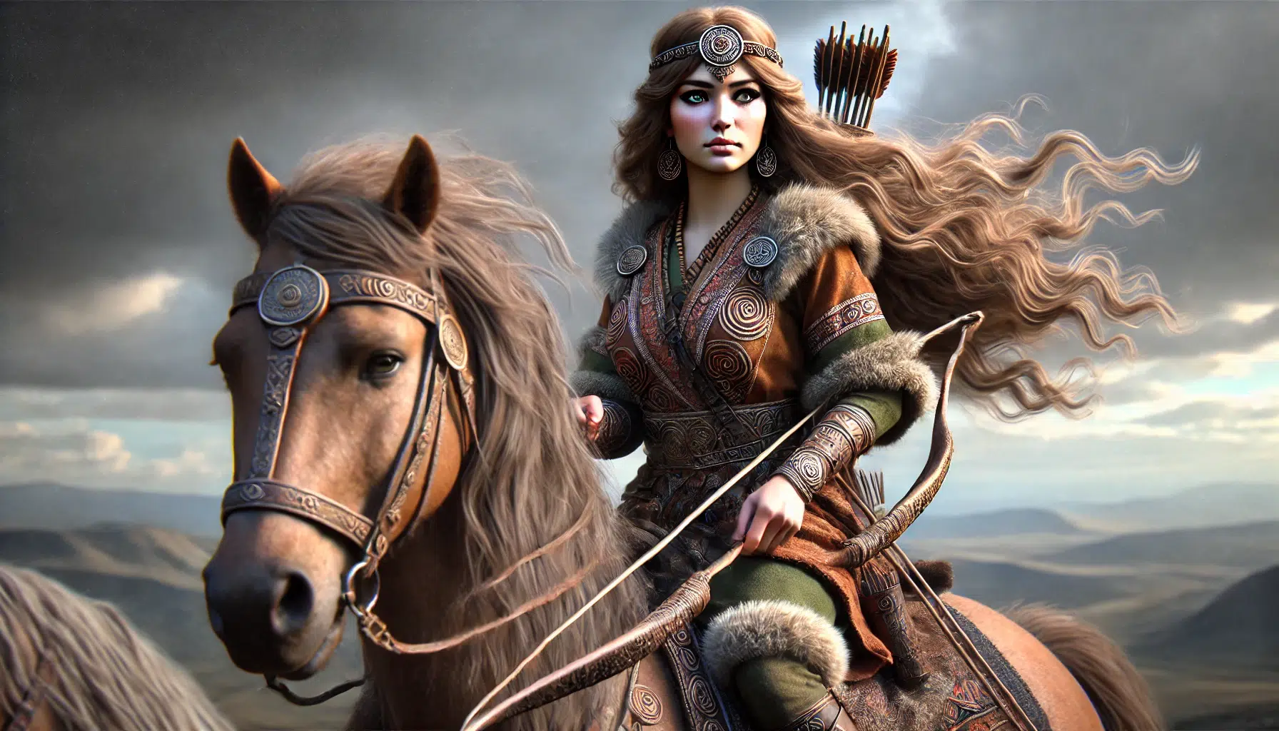omyris, the formidable queen of the Massagetae, riding a horse with a bow and arrow. She wears traditional Scythian attire: a richly adorned tunic with intricate patterns, sturdy leather boots, and a fur-lined cloak that billows in the wind. Her long light brown hair flows freely, crowned with a simple yet elegant circlet. Her piercing green eyes reflect both sorrow and determination. The backdrop features the vast, rugged steppes of Central Asia