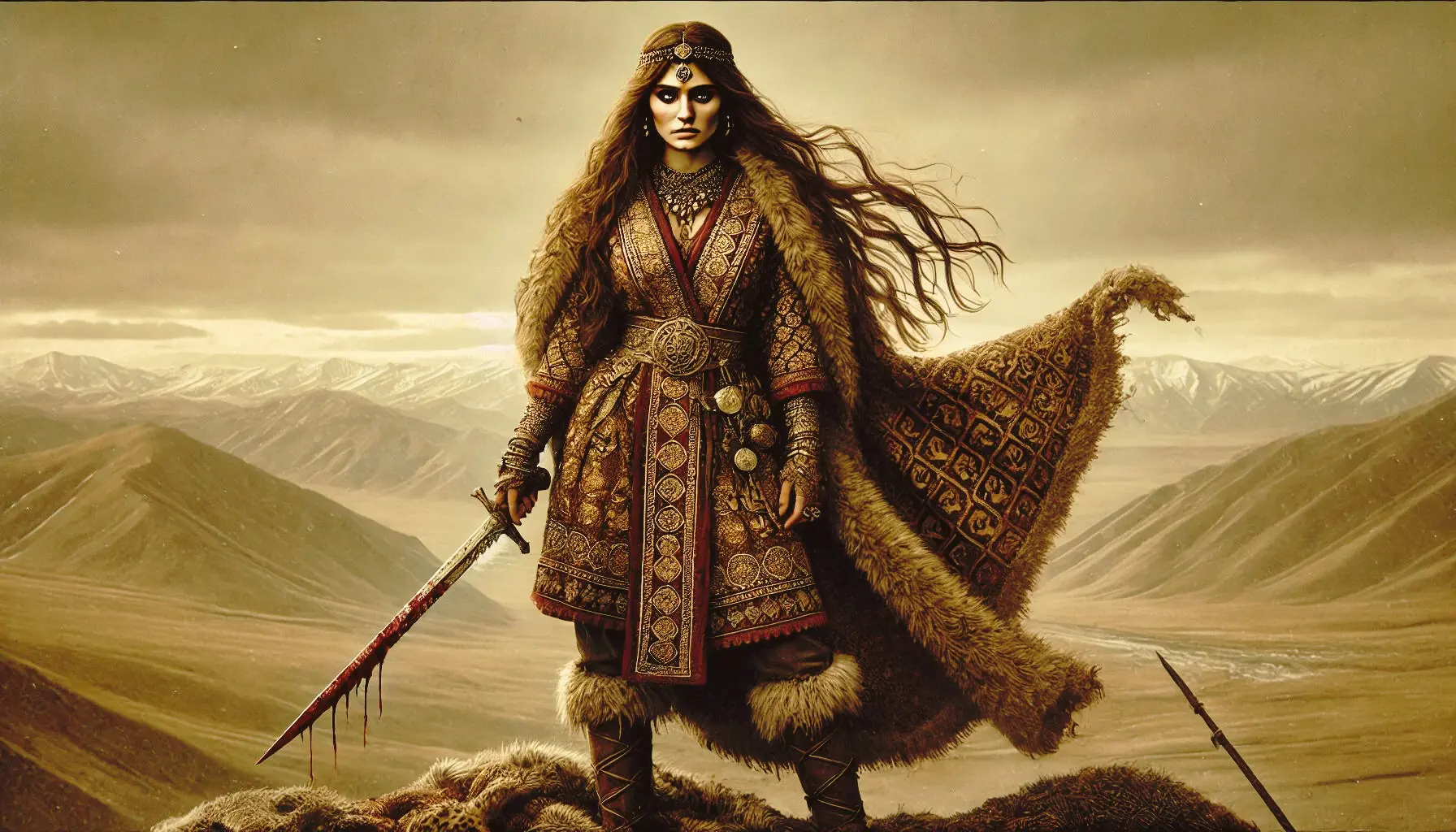 Tomyris, the formidable queen of the Massagetae, stands tall and resolute, embodying strength and defiance. She wears traditional Scythian attire: a richly adorned tunic with intricate patterns, sturdy leather boots, and a fur-lined cloak that billows in the wind. Her long hair flows freely, crowned with a simple yet elegant circlet. In one hand, she grasps a blood-stained sword, symbolizing her victory over Cyrus the Great. Her piercing eyes reflect both sorrow and determination, capturing the moment she avenged her people. The backdrop features the vast, rugged steppes of Central Asia