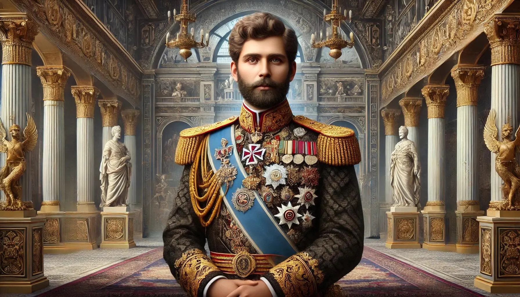 Tsar Alexander I of Russia, shown in a regal setting. He is dressed in formal, imperial attire with intricate decorations and medals. The background includes elements of Russian imperial architecture, such as grand columns and ornate designs, highlighting his status and authority