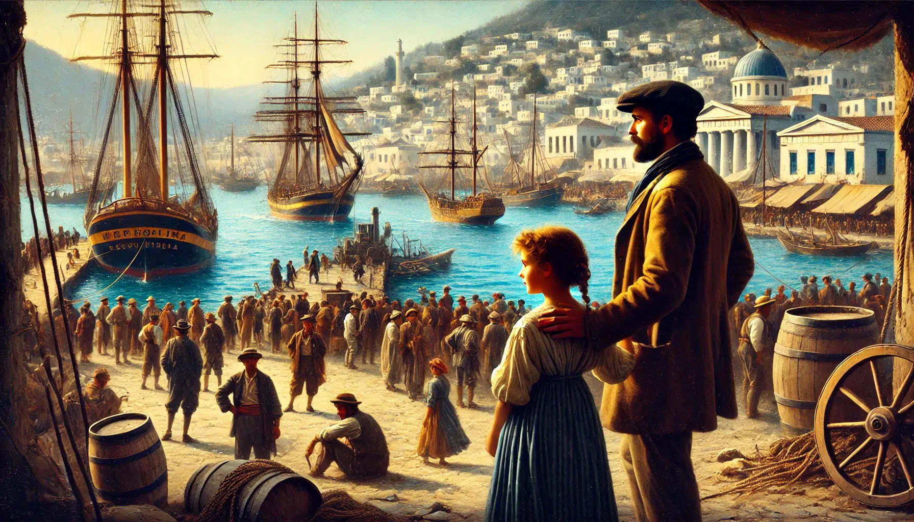 a young Laskarina Bouboulina in Spetses with her stepfather, overlooking the bustling naval harbour and sea. The scene shows a lively harbour with various ships docked and sailors busy with maritime activities. Laskarina, a curious young girl, stands beside her stepfather, who is a shipowner. They both look out over the harbour, with the sea and ships in the background. The town of Spetses, with its whitewashed buildings, is visible in the background
