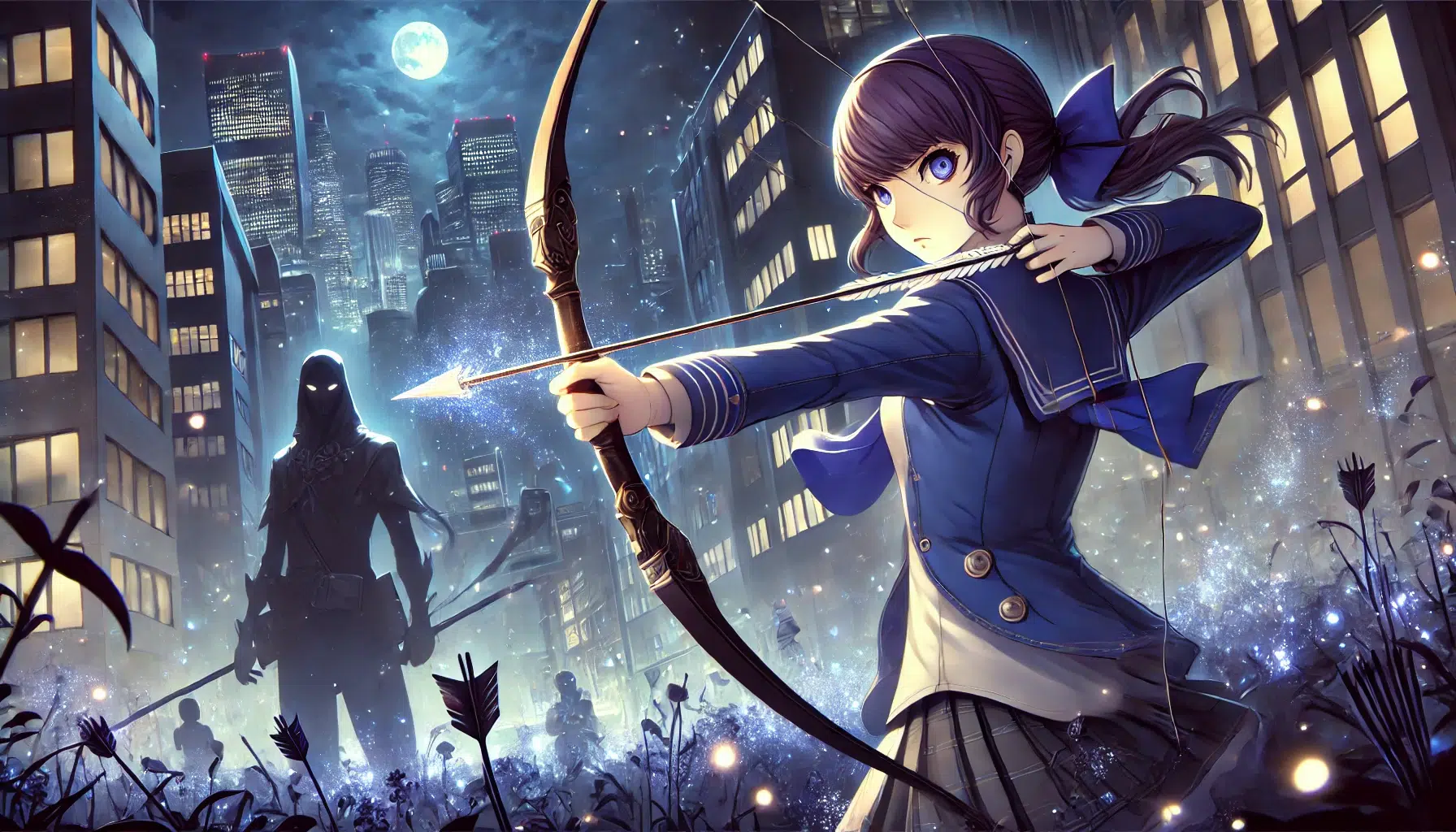A fantasy depiction of Yukari Takeba from Persona 3. She stands in a mystical urban landscape at night, with glowing city lights and an otherworldly atmosphere. Yukari, in her school uniform with her bow ready, aims at a shadowy figure in the distance
