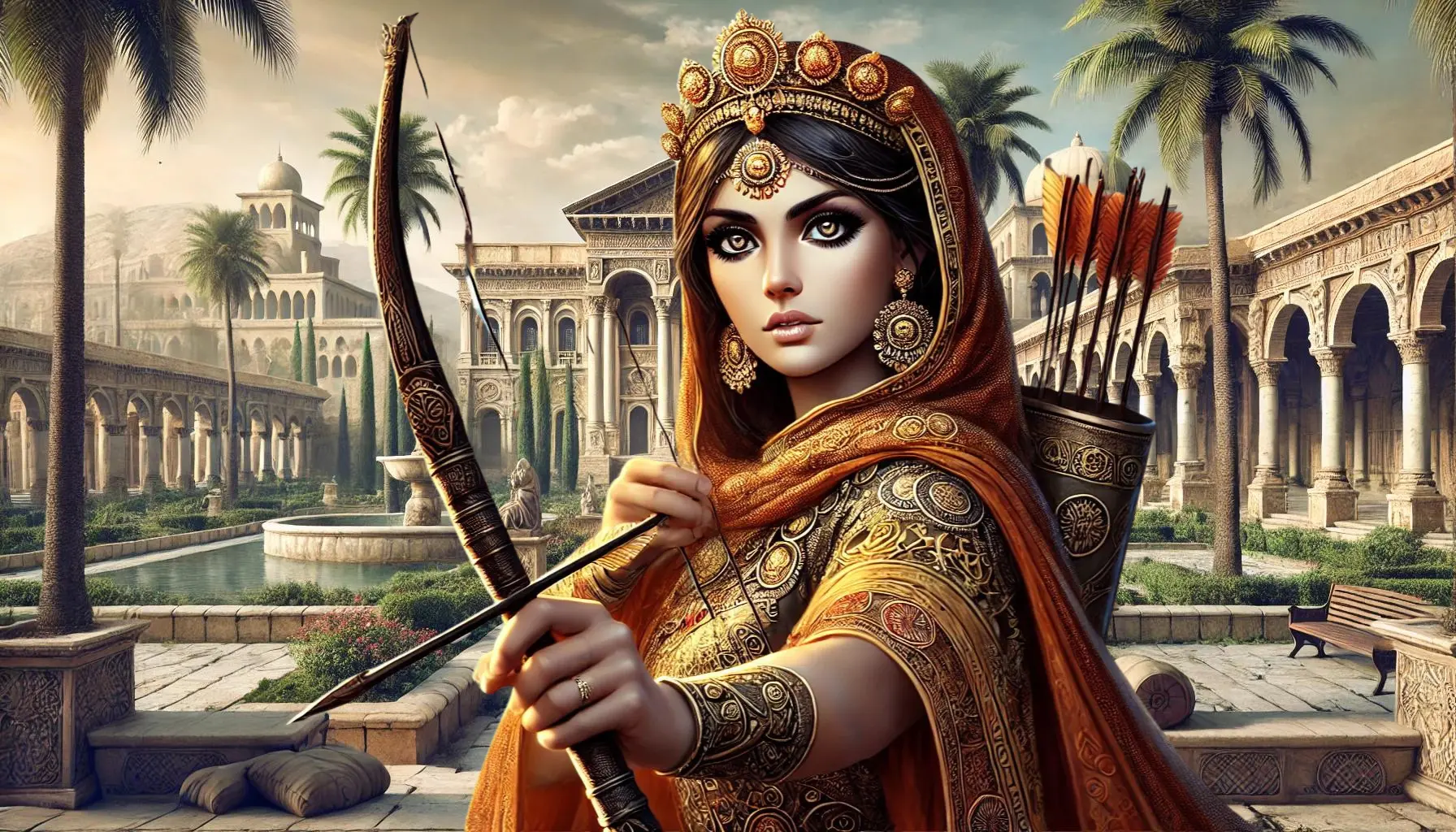 Queen Zenobia of Palmyra, capturing her regal and warrior-like presence, now holding a bow and arrow. The scene should depict the ancient city of Palmyra, with its grand architecture, including the Arch of Triumph and the columns of the Temple of Bel, situated in the Syrian desert. Queen Zenobia is a striking and formidable figure with an olive complexion, large, expressive black eyes, and pearly white teeth. Her eyes sparkle with intelligence and determination. She wears a richly adorned robe or tunic with intricate patterns, influenced by Roman and Eastern styles, along with a royal diadem or crown, and a cloak that signifies her status