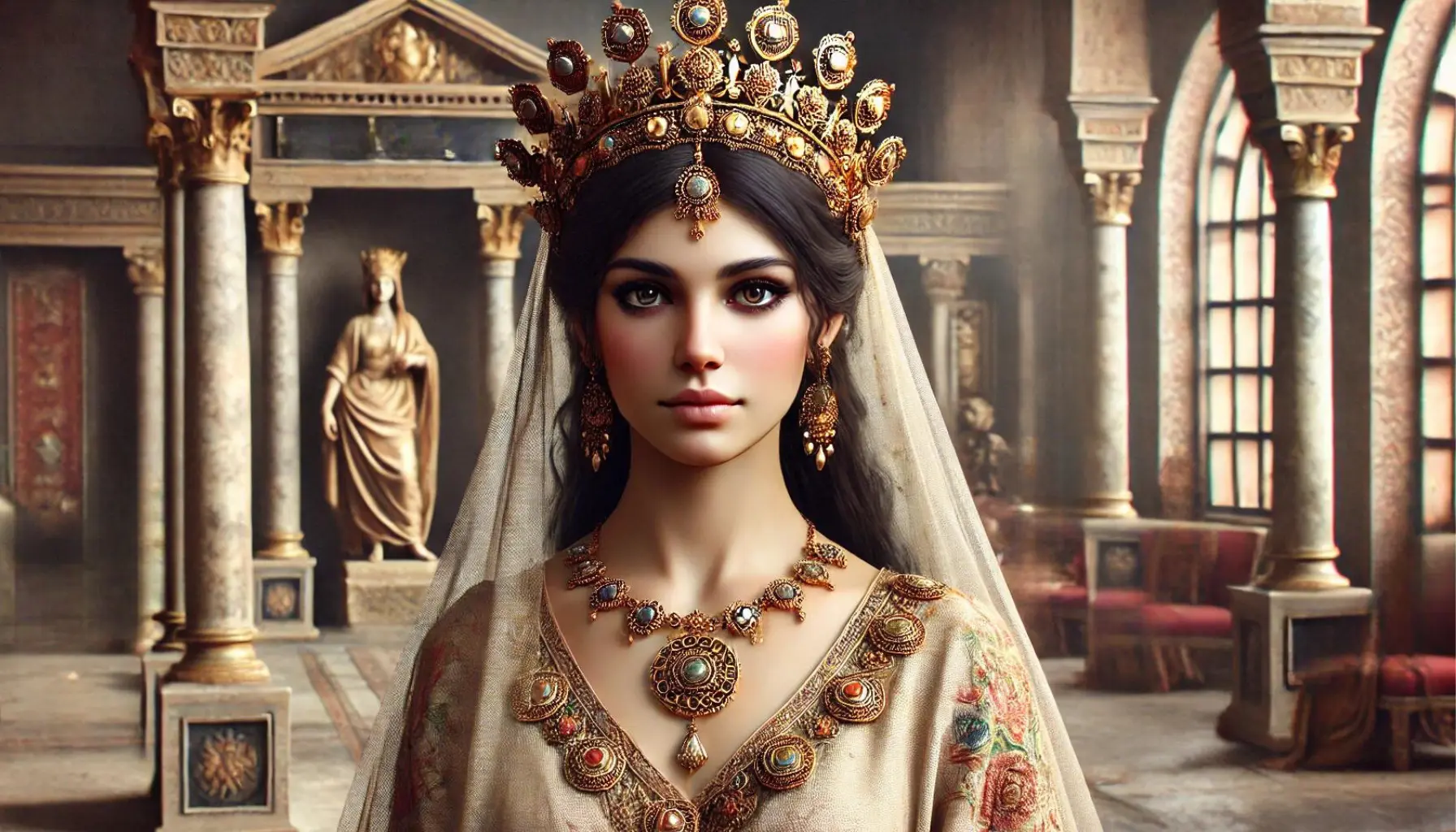 Queen Zenobia in her palace in Palmyra, with olive skin and long dark hair, wearing modest royal attire with a flowing gown that covers her fully. Her headdress is elaborate and regal, featuring a substantial gold diadem or crown adorned with jewels and intricate designs, reminiscent of Hellenistic and Eastern styles.