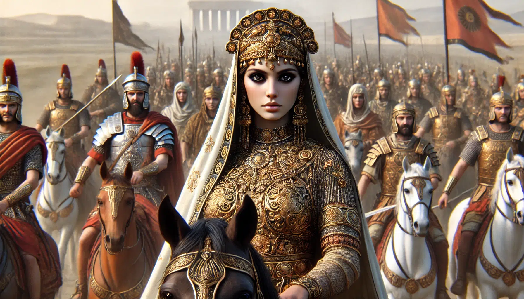 Queen Zenobia of Palmyra leading her army. The scene should depict Zenobia on horseback at the forefront, dressed in richly adorned warrior attire with intricate patterns influenced by Roman and Eastern styles. She wears a royal diadem or crown and a cloak signifying her status. Zenobia has an olive complexion, large, expressive black eyes, and a determined expression. Her army follows behind her, equipped for battle, with realistic facial features and expressions. The background should feature the ancient landscape of Palmyra.