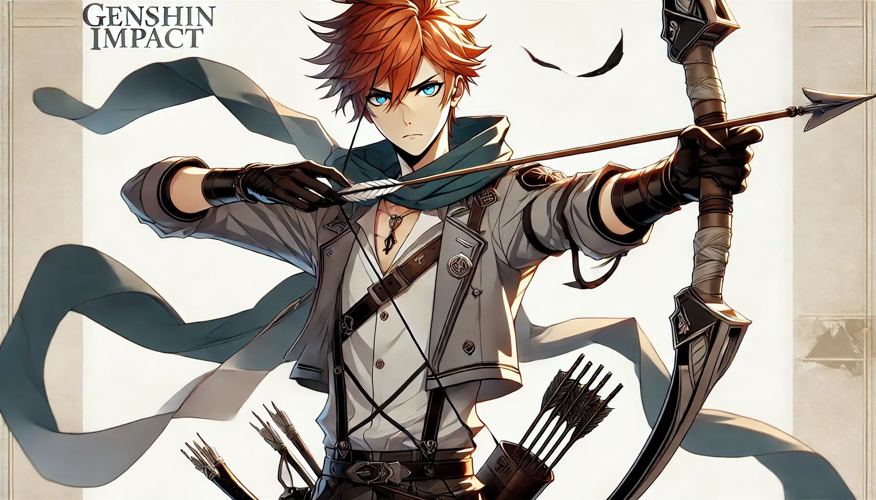 Anime image of Tartaglia from Genshin Impact, highlighting his skills as a master archer. Show him in a powerful stance, wielding his bow and ready to fire. Include details from the previous description: Tartaglia, also known by his codename 'Childe,' is a tall, handsome young man with a striking and somewhat dramatic appearance. He has short, messy-yet-manicured orange hair that adds a vibrant touch to his look. His deep blue eyes are notable for their brightness, often described as devoid of any reflection, giving him a piercing and enigmatic gaze. He wears a distinctive outfit that combines practicality with a touch of flair. His attire includes a gray jacket that is opened up, revealing a bit of his chest, and is asymmetrical, adding to his rebellious and youthful appearance. The jacket is paired with gray pants and black boots, which give him a militaristic yet stylish look. Black gloves cover his hands, adding to his combat-ready appearance