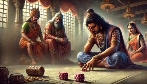 the tense moment of the dice game, a major turning point for the Pandavas. In the scene, Duryodhana, the eldest Kaurava, invites the Pandavas to play, while Shakuni, his uncle, uses loaded dice to cheat. Yudhishthira, the eldest Pandava, accepts the challenge, unaware of the deceit. The image shows Yudhishthira in despair, having lost everything, including his kingdom, wealth, brothers, and even his wife, Draupadi. The characters' expressions are tense and sorrowful, set against the backdrop of a richly decorated palace. The focus is on the emotional intensity rather than the dice.