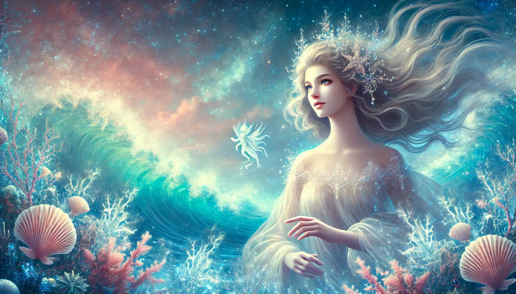 sea nymph Philyra. She is depicted as a beautiful and ethereal figure, with flowing hair and a graceful appearance. Philyra is shown in a serene, oceanic landscape with clear blue waters and a soft, glowing light. The background includes elements of marine life such as coral reefs and gentle waves, enhancing the mystical and enchanting nature of the sea nymph. The overall atmosphere is tranquil and magical.
