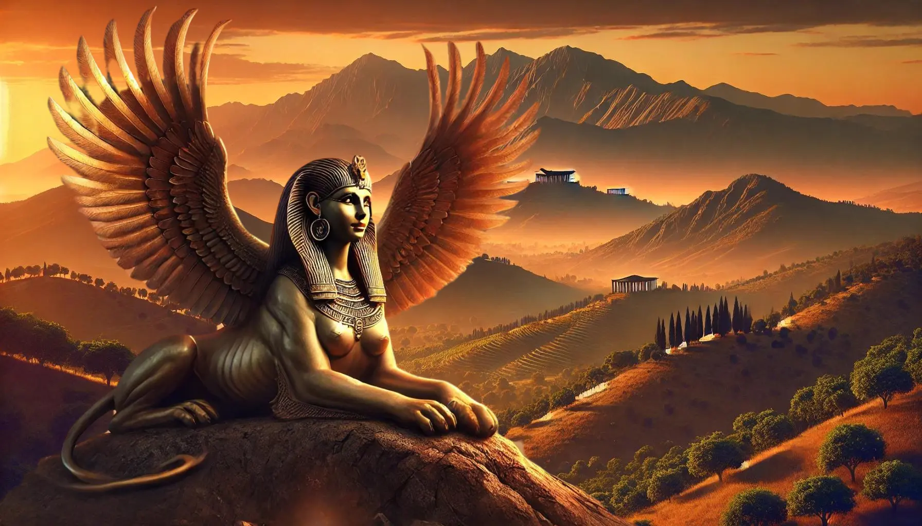 A majestic Sphinx perched on a rocky cliff near the ancient city of Thebes in Greece. The creature has the powerful body of a lion, the head and breast of a beautiful woman with flowing hair, and large, intricate eagle wings spread wide. The scene is set at dusk with a dramatic, fiery sunset casting long shadows and illuminating the Sphinx's golden fur and serene, enigmatic expression. The background features the distant silhouette of Thebes